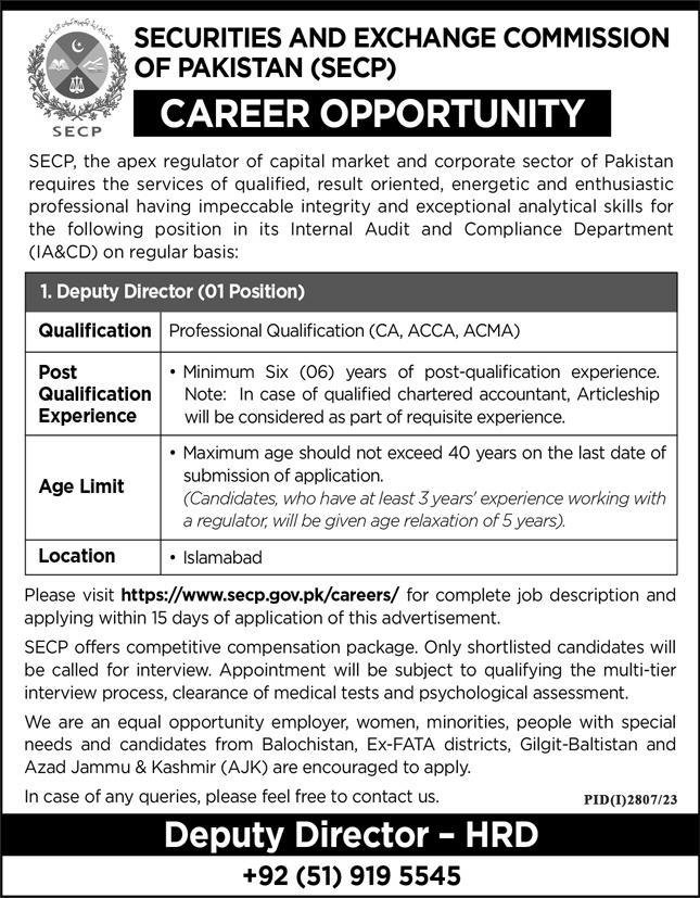 Deputy Director Jobs in Islamabad (SECP Career)
